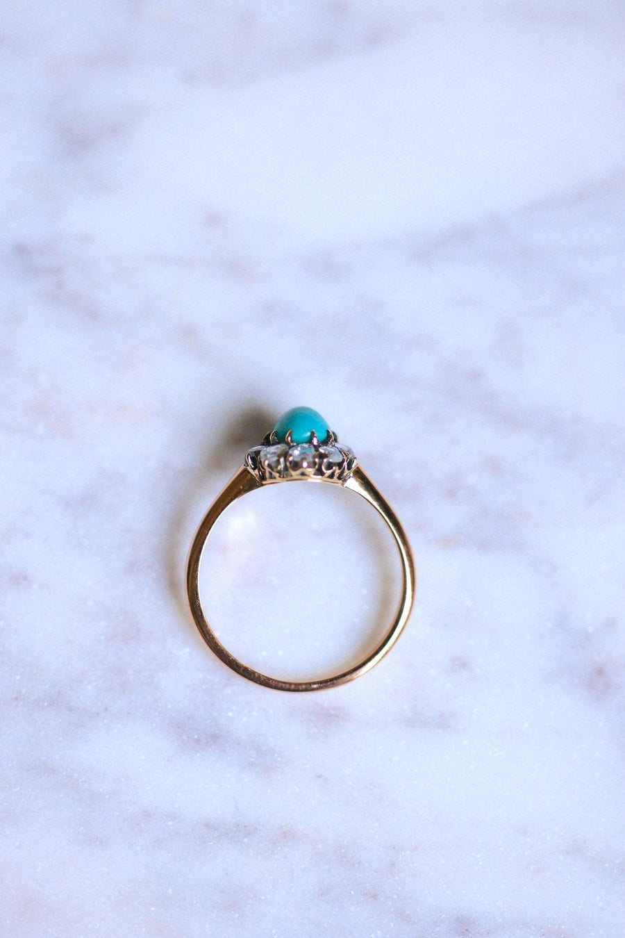 Antique ring Marguerite turquoise surrounded by diamonds on gold - Galerie Pénélope