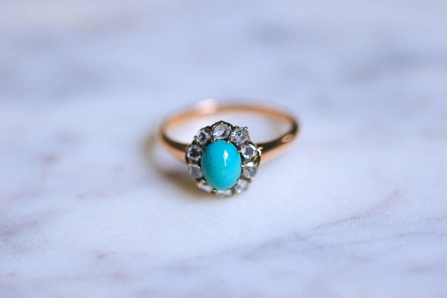 Antique ring Marguerite turquoise surrounded by diamonds on gold - Galerie Pénélope
