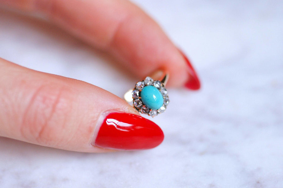 Antique ring Marguerite turquoise surrounded by diamonds on gold - Galerie Pénélope