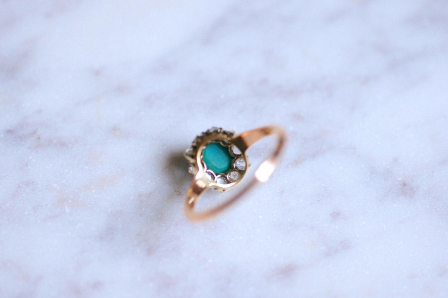 Antique ring Marguerite turquoise surrounded by diamonds on gold - Galerie Pénélope