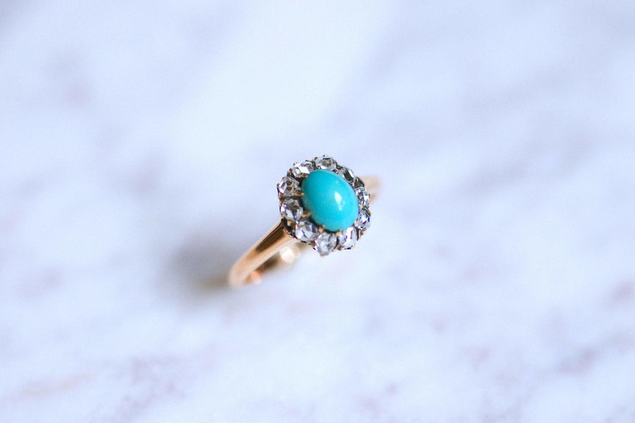 Antique ring Marguerite turquoise surrounded by diamonds on gold - Galerie Pénélope