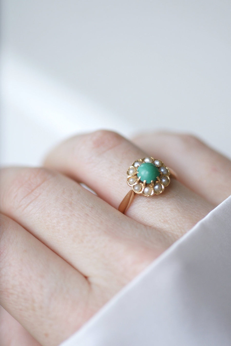 Antique Marguerite turquoise ring with pearls on pink gold - Penelope Gallery