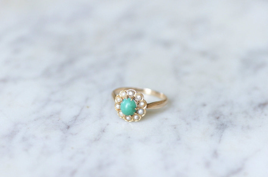 Antique Marguerite turquoise ring with pearls on pink gold - Penelope Gallery