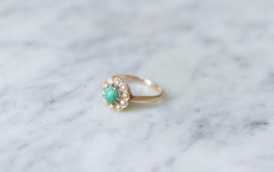 Antique Marguerite turquoise ring with pearls on pink gold - Penelope Gallery