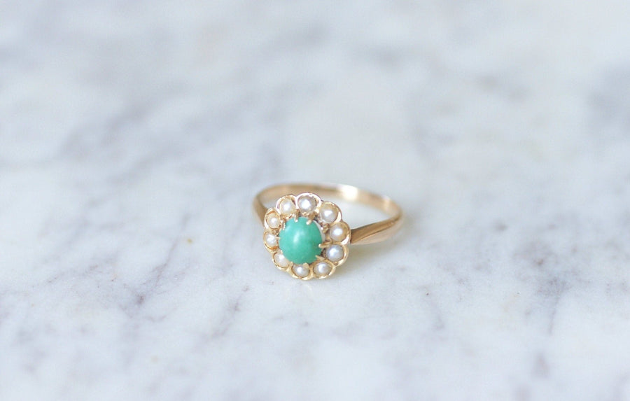 Antique Marguerite turquoise ring with pearls on pink gold - Penelope Gallery