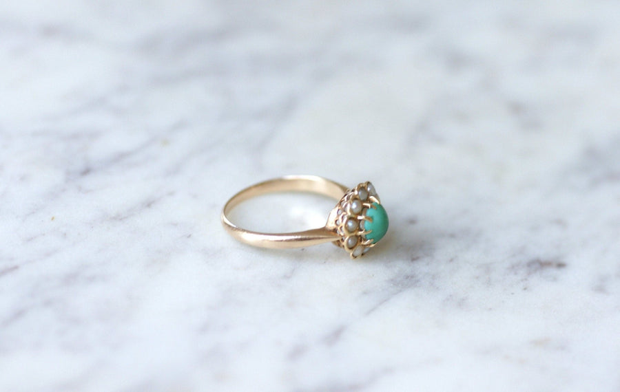 Antique Marguerite turquoise ring with pearls on pink gold - Penelope Gallery