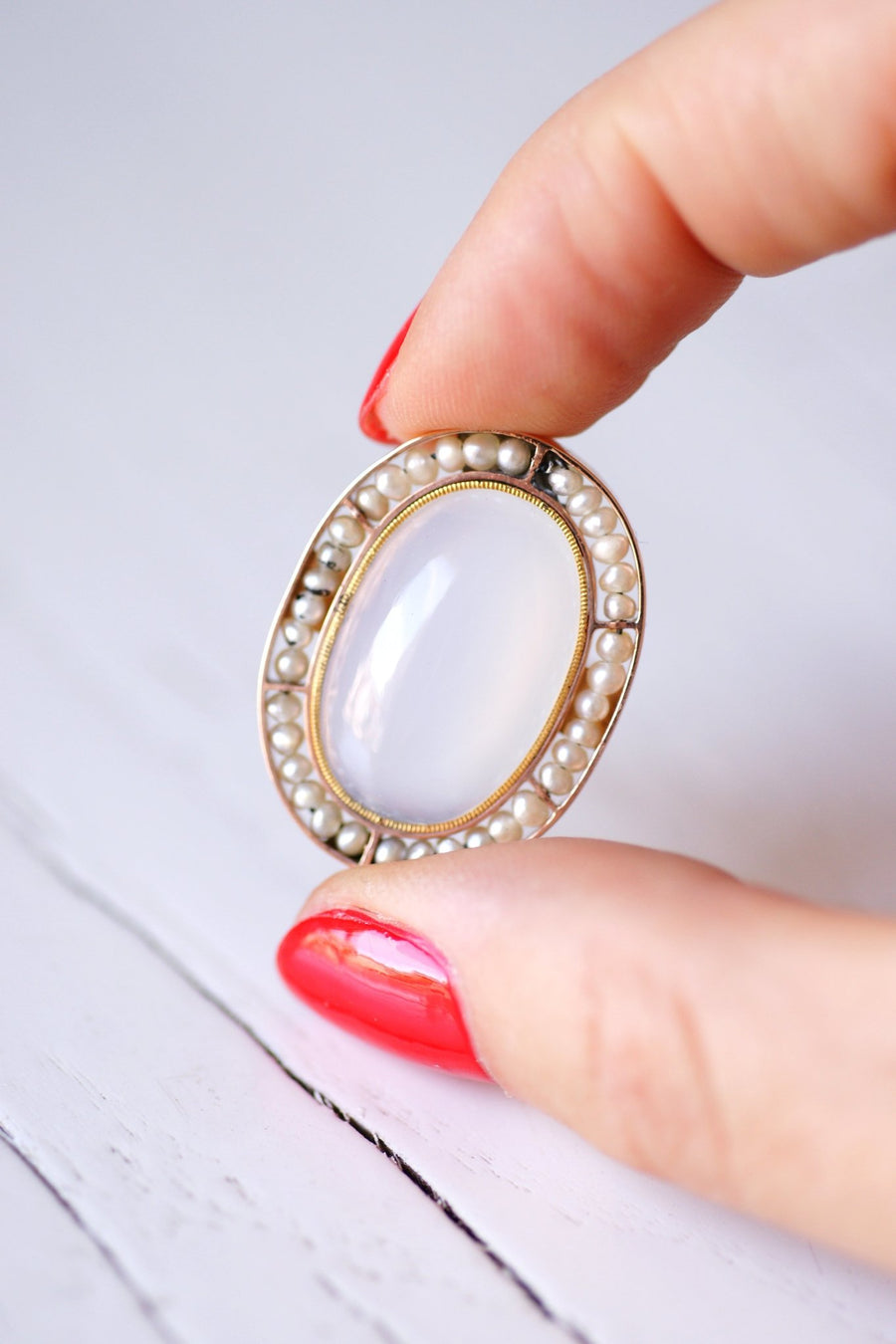Antique pink gold, blue-grey chalcedony and pearls ring - Galerie Pénélope