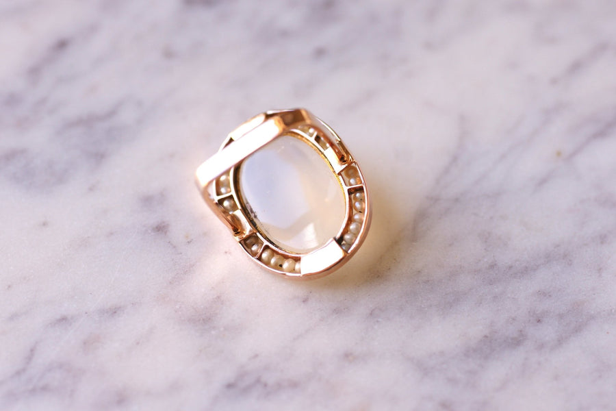 Antique pink gold, blue-grey chalcedony and pearls ring - Galerie Pénélope