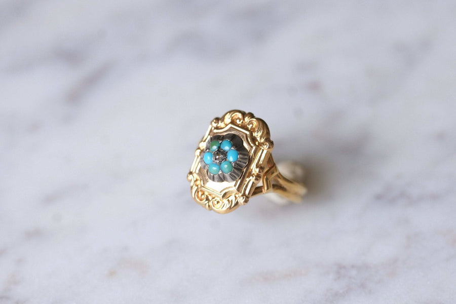 Yellow gold, turquoise and diamond antique plate ring - Galerie Pénélope