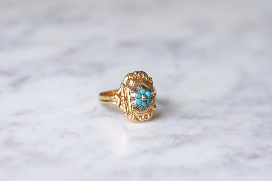 Yellow gold, turquoise and diamond antique plate ring - Galerie Pénélope