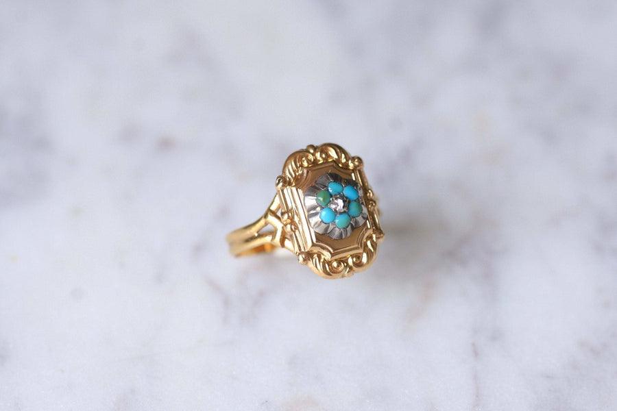 Yellow gold, turquoise and diamond antique plate ring - Galerie Pénélope