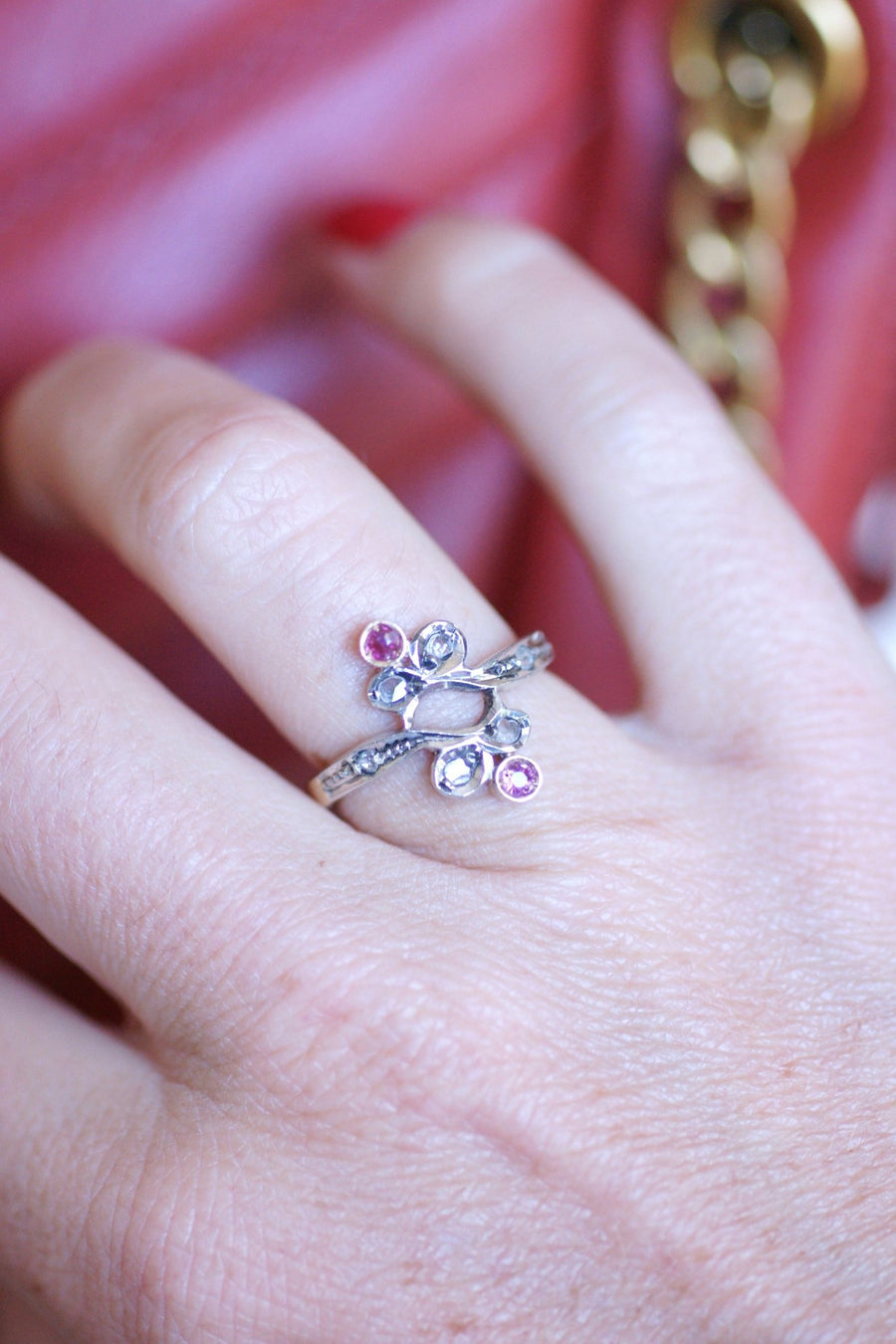 Antique ring Toi et Moi, diamonds, rubies, on gold and silver - Galerie Pénélope