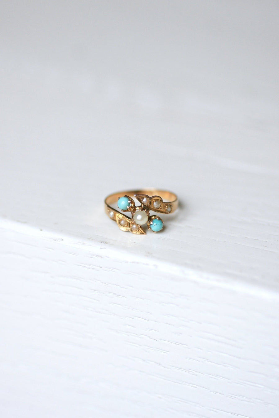 Antique ring Toi et Moi, turquoise, pearls, on pink gold - Penelope Gallery