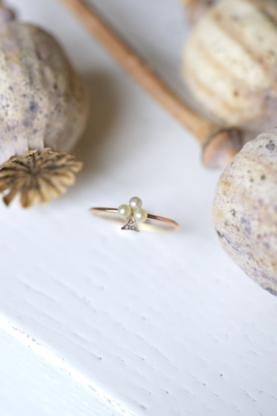 Antique rose gold clover, pearls and diamond ring - Galerie Pénélope