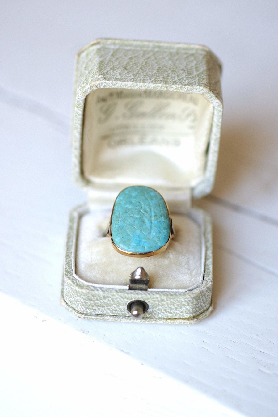 Antique turquoise intaglio ring engraved on gold - Galerie Pénélope