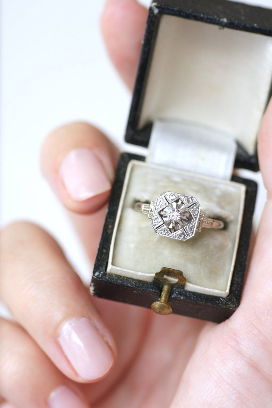 Square Art Deco Ring, White Gold, Platinum and Diamonds - Penelope Gallery