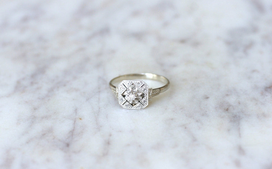Square Art Deco Ring, White Gold, Platinum and Diamonds - Penelope Gallery