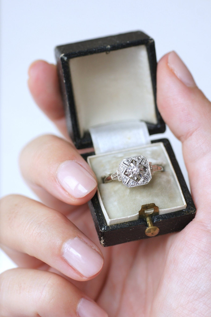 Square Art Deco Ring, White Gold, Platinum and Diamonds - Penelope Gallery