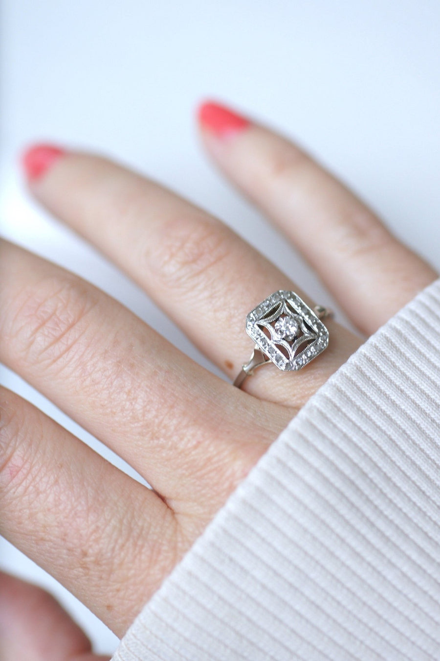 Square Art Deco Ring, White Gold, Platinum and Diamonds - Penelope Gallery