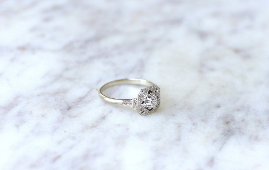 Square Art Deco Ring, White Gold, Platinum and Diamonds - Penelope Gallery