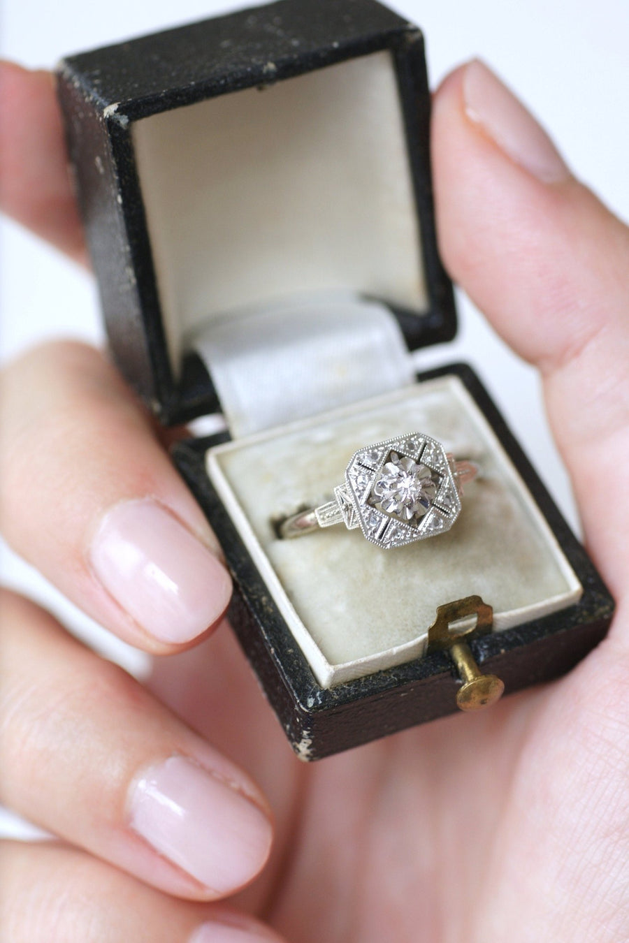 Square Art Deco Ring, White Gold, Platinum and Diamonds - Penelope Gallery