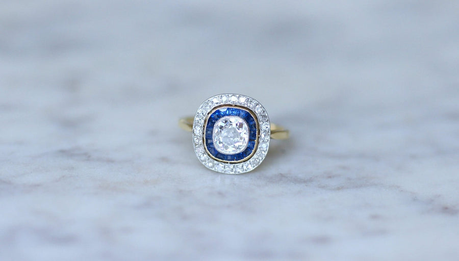 Art Deco halo ring with diamonds and calibrated sapphires - Galerie Pénélope