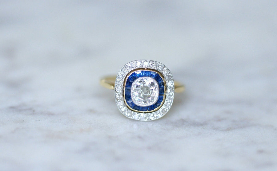 Art Deco halo ring with diamonds and calibrated sapphires - Galerie Pénélope