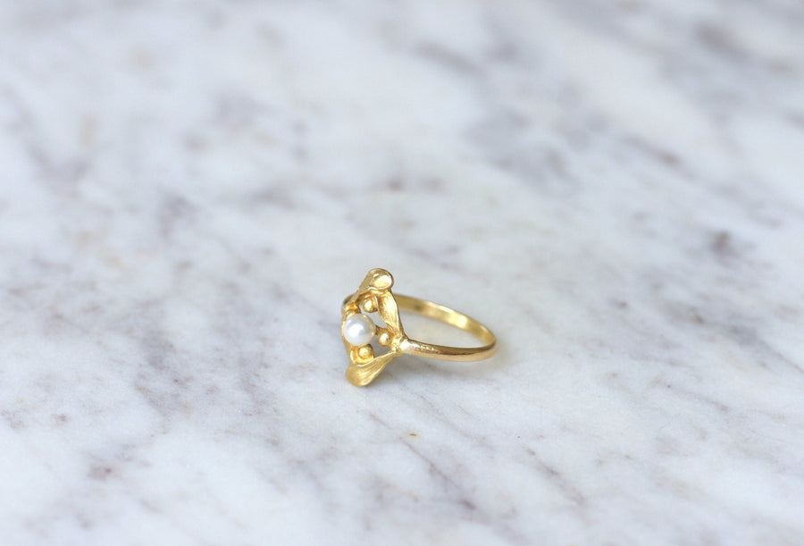 Art Nouveau mistletoe, gold and pearl ring - Penelope Gallery