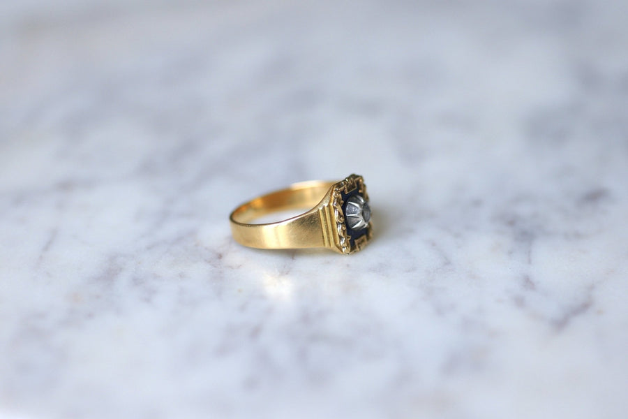 Antique yellow gold and diamond ring on blue enamel - Galerie Pénélope