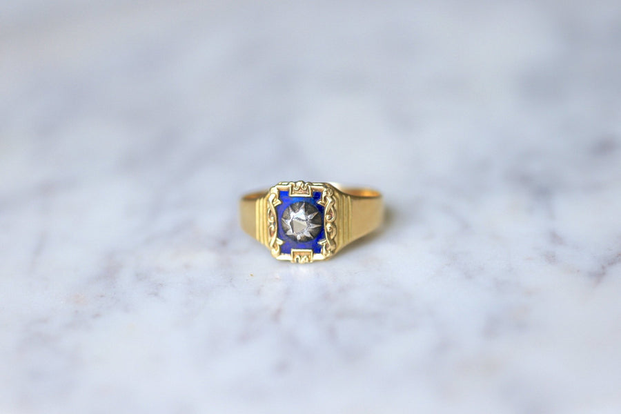 Antique yellow gold and diamond ring on blue enamel - Galerie Pénélope