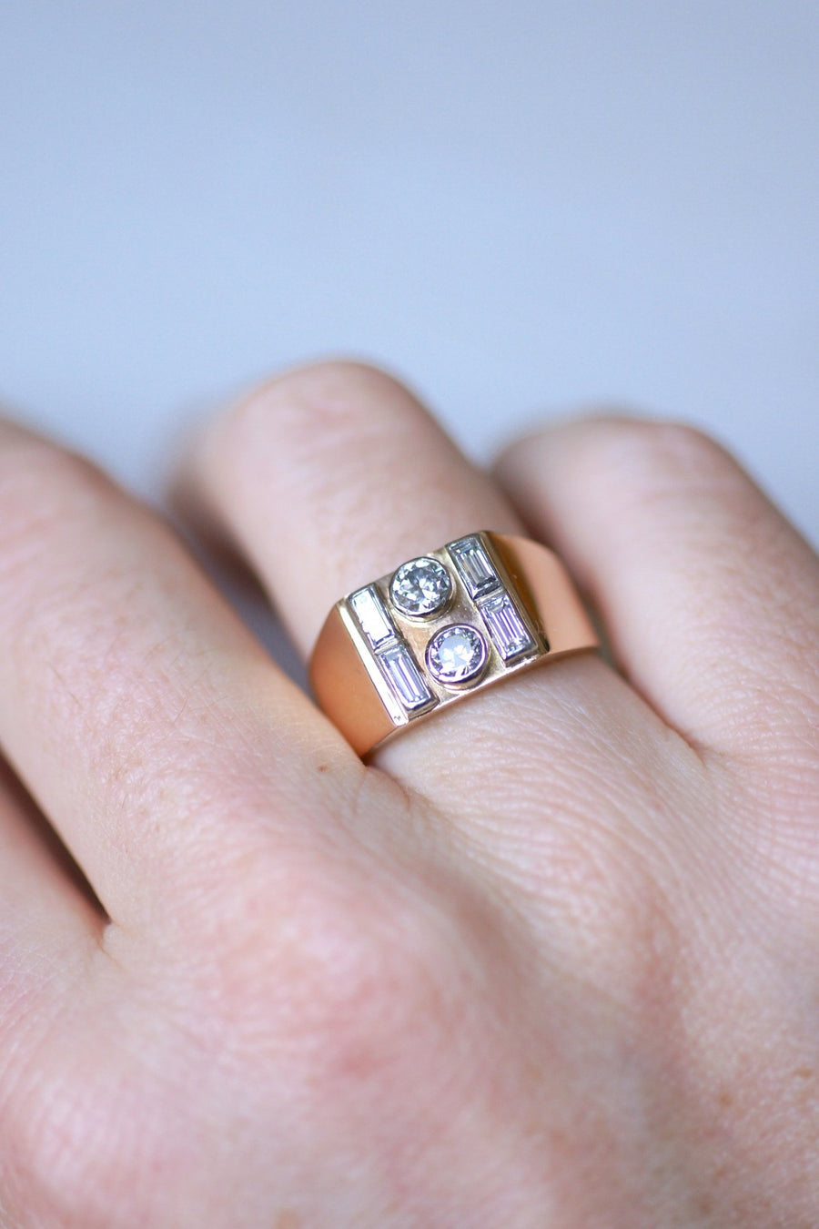 Pink gold, platinum, and diamond signet ring - Penelope Gallery
