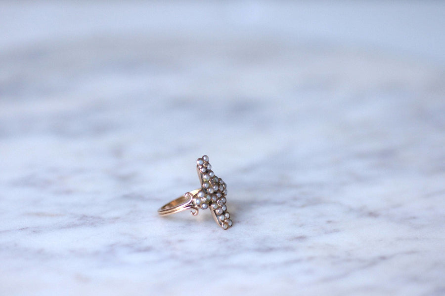 Pink gold cross ring with pearls and diamonds - Galerie Pénélope