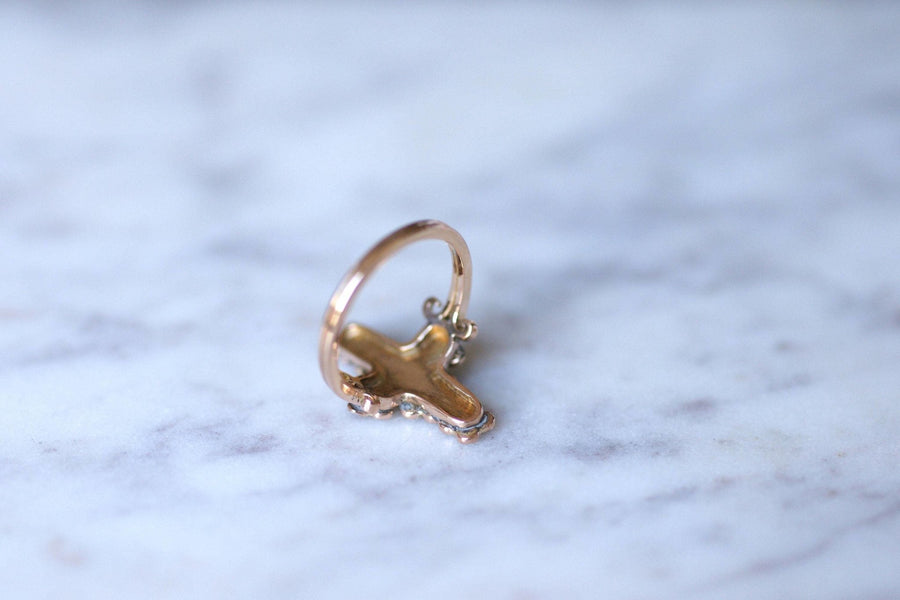 Pink gold cross ring with pearls and diamonds - Galerie Pénélope