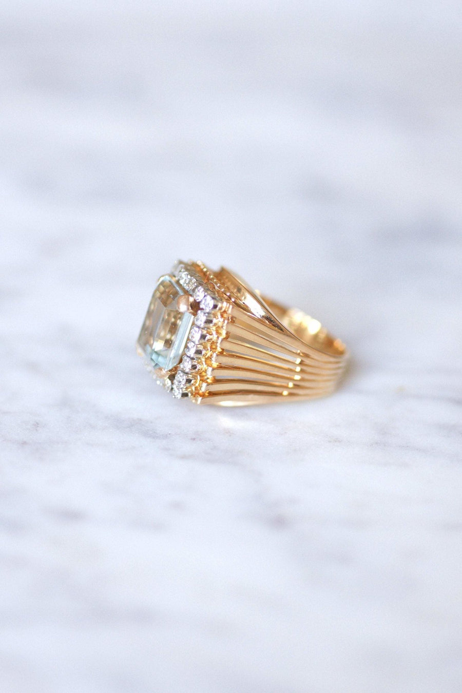 Vintage aquamarine and diamond cocktail ring on rose gold and platinum - Penelope Gallery