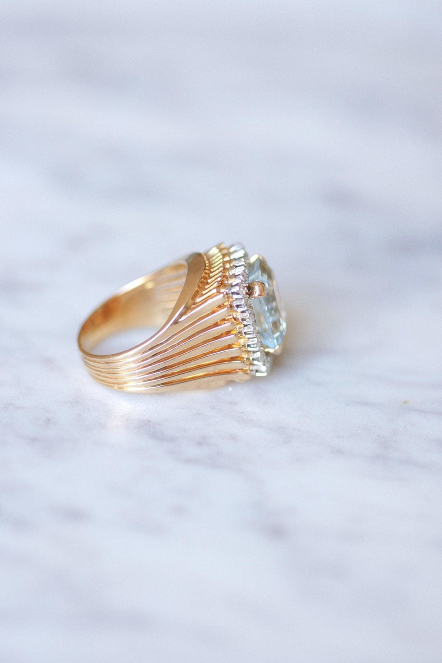 Vintage aquamarine and diamond cocktail ring on rose gold and platinum - Penelope Gallery