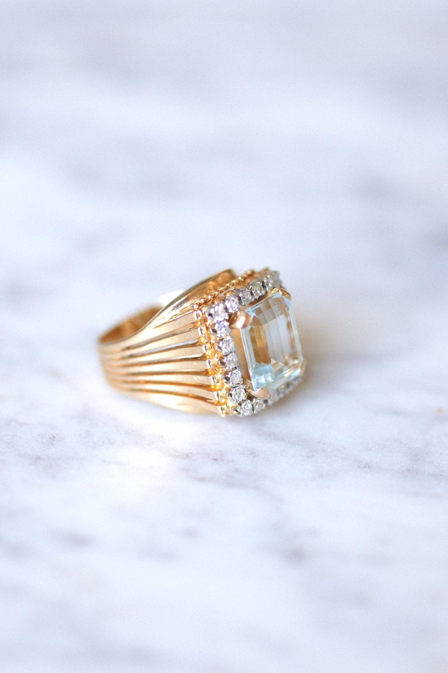Vintage aquamarine and diamond cocktail ring on rose gold and platinum - Penelope Gallery