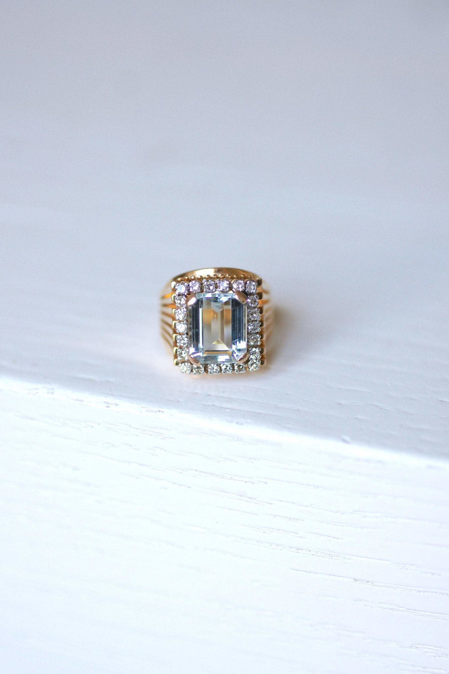 Vintage aquamarine and diamond cocktail ring on rose gold and platinum - Penelope Gallery