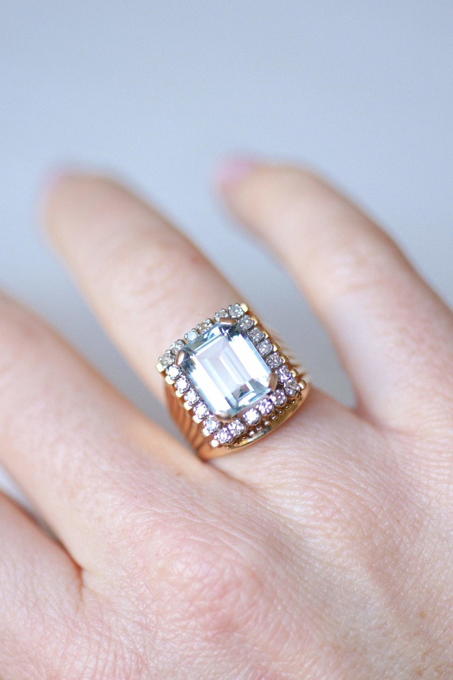 Vintage aquamarine and diamond cocktail ring on rose gold and platinum - Penelope Gallery