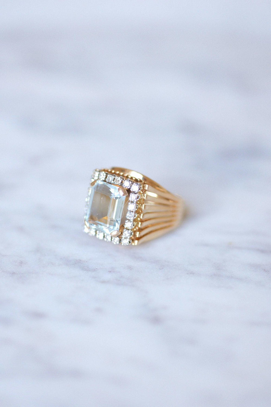 Vintage aquamarine and diamond cocktail ring on rose gold and platinum - Penelope Gallery