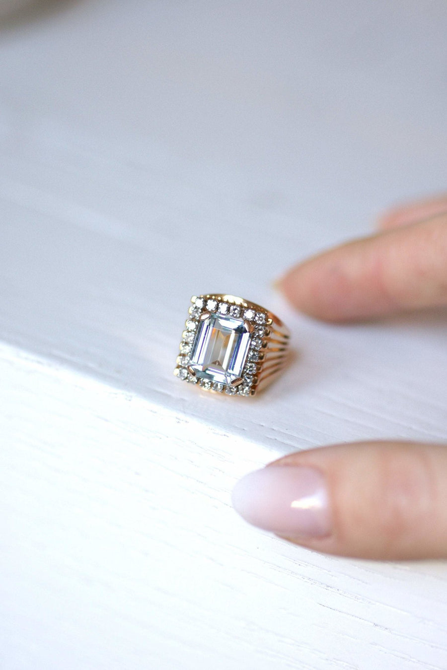 Vintage aquamarine and diamond cocktail ring on rose gold and platinum - Penelope Gallery