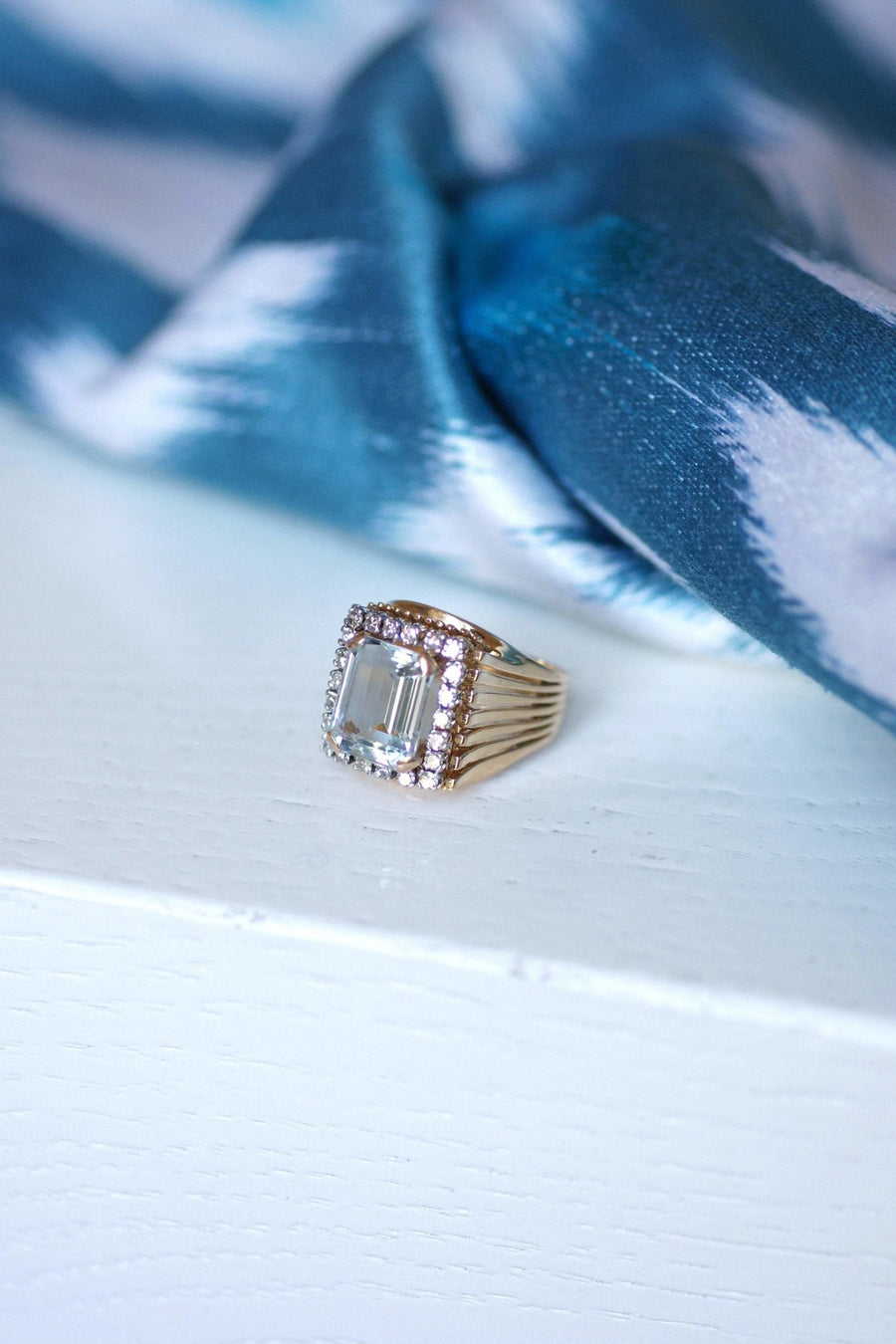 Vintage aquamarine and diamond cocktail ring on rose gold and platinum - Penelope Gallery