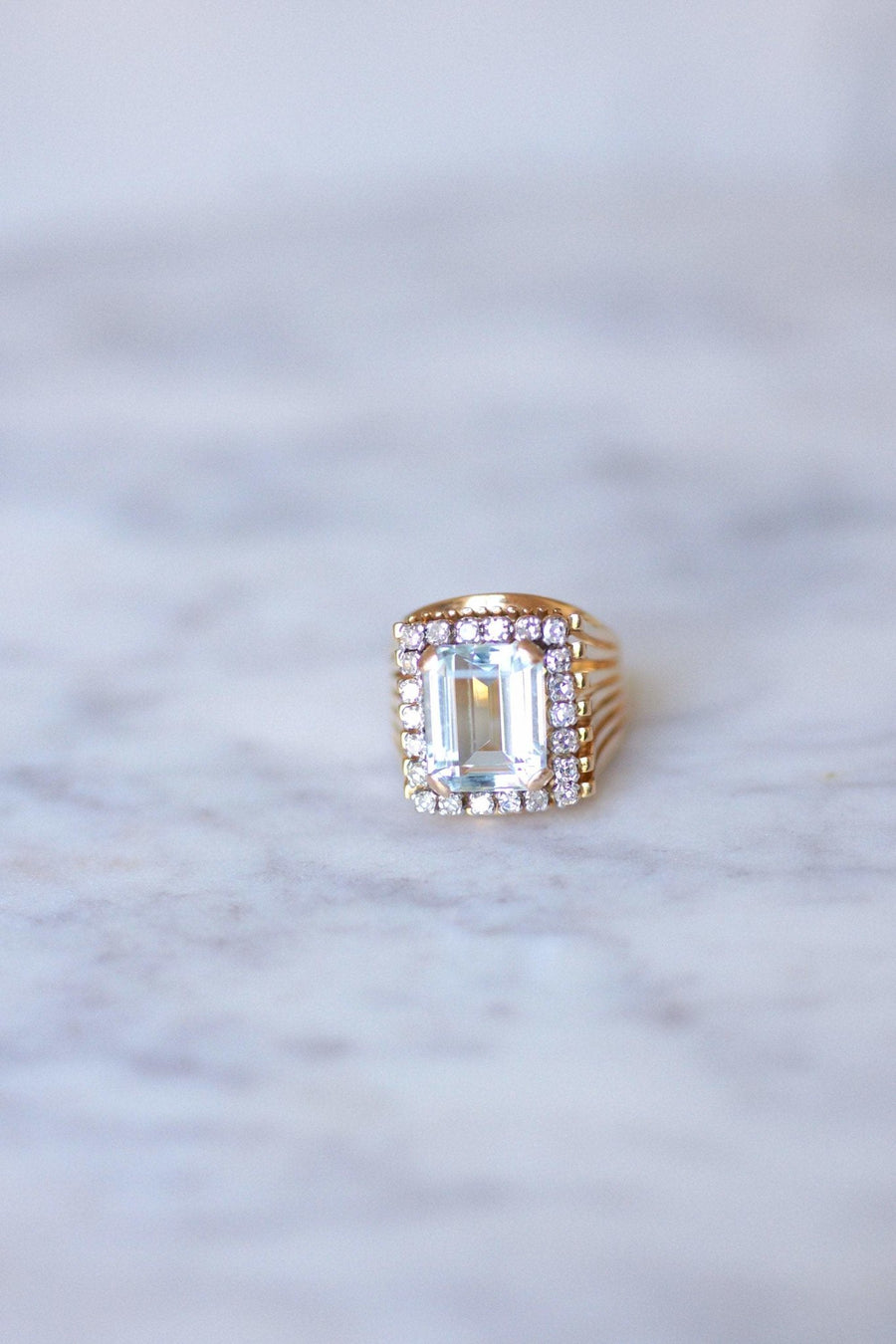 Vintage aquamarine and diamond cocktail ring on rose gold and platinum - Penelope Gallery