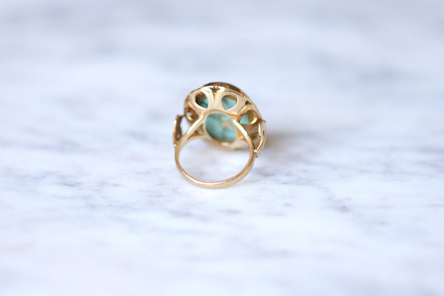 Vintage cocktail ring in 14Kt rose gold and turquoise cabochon - Galerie Pénélope