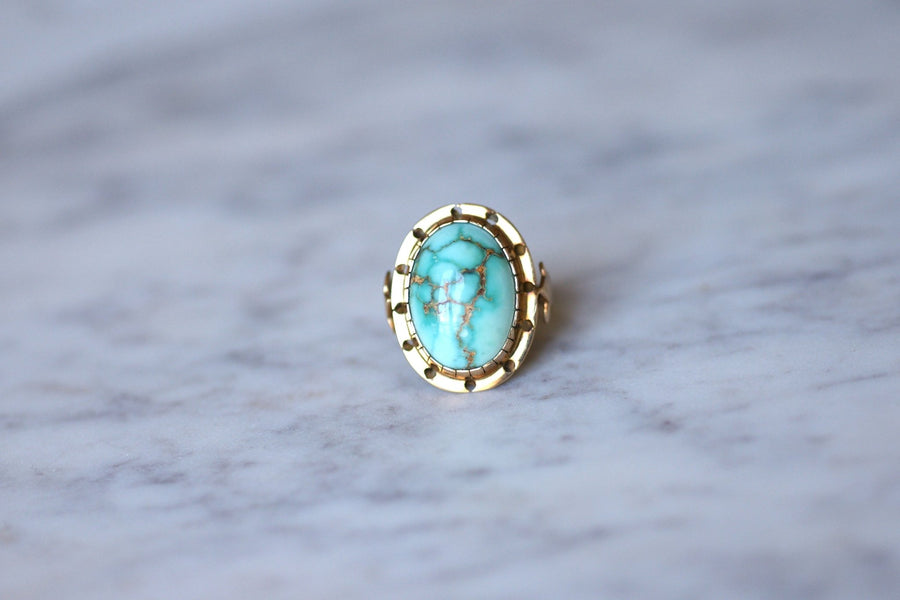 Vintage cocktail ring in 14Kt rose gold and turquoise cabochon - Galerie Pénélope