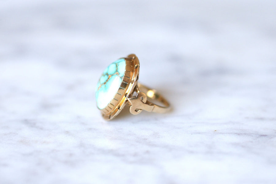 Vintage cocktail ring in 14Kt rose gold and turquoise cabochon - Galerie Pénélope