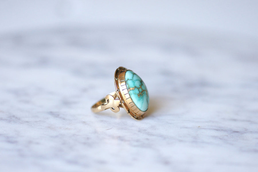 Vintage cocktail ring in 14Kt rose gold and turquoise cabochon - Galerie Pénélope