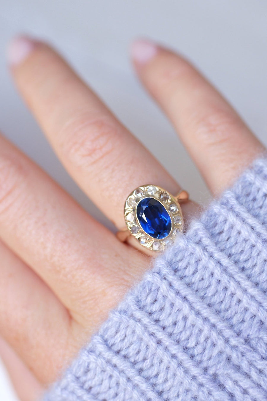 Antique synthetic sapphire and diamond engagement ring - Penelope Gallery