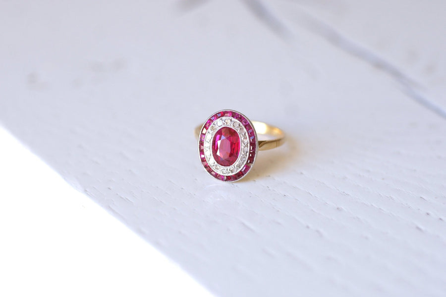 Art Deco engagement ring in yellow gold and platinum, diamonds and synthetic rubies - Galerie Pénélope