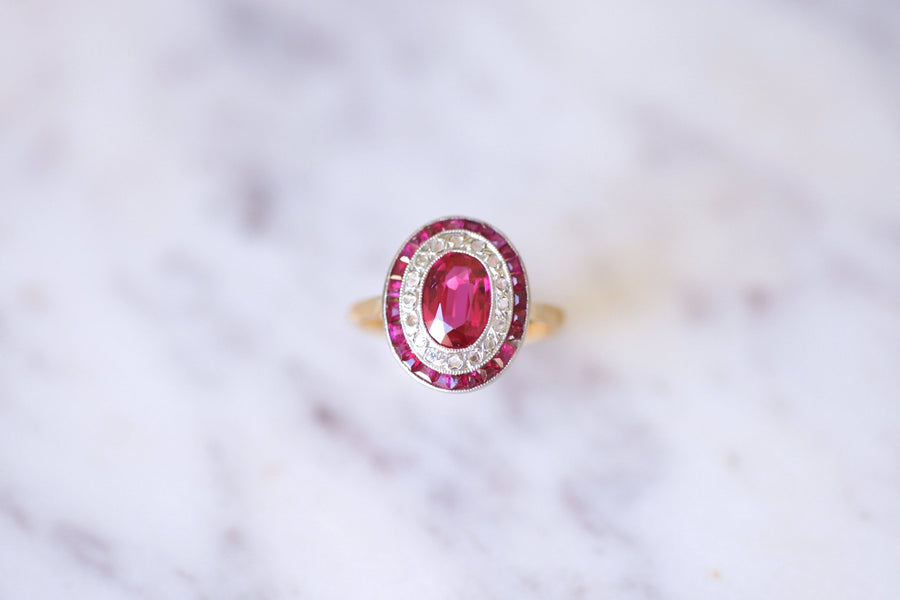 Art Deco engagement ring in yellow gold and platinum, diamonds and synthetic rubies - Galerie Pénélope