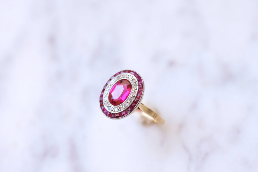 Art Deco engagement ring in yellow gold and platinum, diamonds and synthetic rubies - Galerie Pénélope